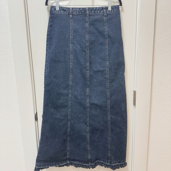 Y2K Live a Little Blue Jean Denim Maxi Circle Fringe Tulip Flare Skirt 10 Modest - Picture 2 of 4